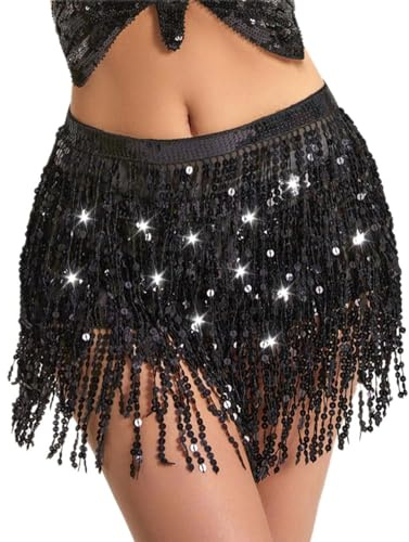 TPZORJX Jupes Paillettes Enveloppées De Franges, Jupe Paillette pour Danse du Ventre, Jupes de Franges Jupe de Danse du Ventre Hanche Écharpe Danse Rave Music Festival Costume pour Femmes - noir