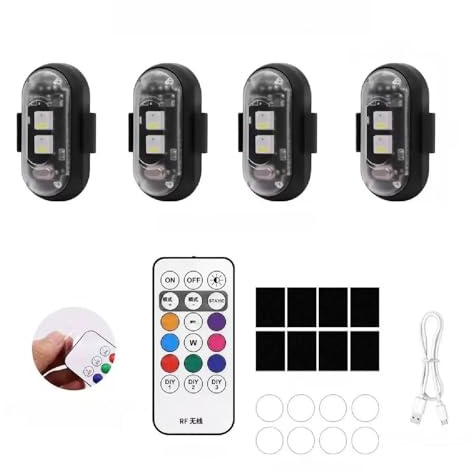 Lot de 4 lumières stroboscopiques LED télécommande sans fil, LED d'ambiance 8 couleurs rechargeables par USB étanches clignotantes pour voiture, drone, moto, vélo, camion