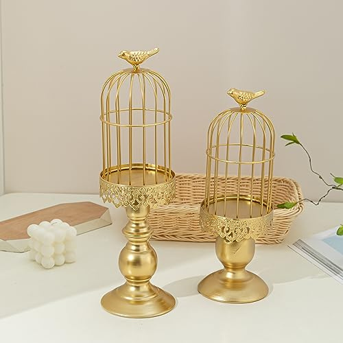 Xiyocadt 2 Stück Vogelkäfig Kerzenleuchter, Vintage Dekoration Kerzenhalter für Hochzeit und Esstisch, Kerzenständer aus Metal mit Schnitzfiguren, Vogelkäfig Kerzenhalter Dekoration (Gold)