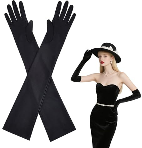 Dcsfadq 1920s Handschuhe Lang Damen, 1 Paar Elegante Abendhandschuhe Lange Satin, Ellenbogenlang Handschuhe für Opera Hochzeit Halloween Kostüm Karneval Accessoires (Schwarz)