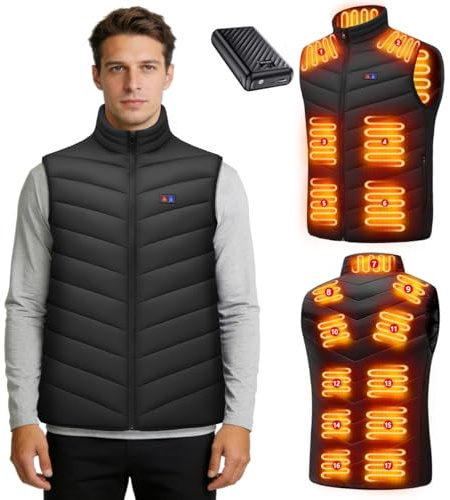 BIAOQINBO Gilet Riscaldato con Batteria 27000mAh 7.4V, Giubbotto Riscaldante 17 Zone e 3 Livelli Temperatura Inverno Piumino Riscaldata Giacca Uomo Donna (IT, Testo, L, Regular, Regular, Nero scuro)