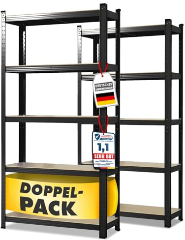casa Pura Set di 2 scaffale per carichi Pesanti, 50x100x200 cm, Acciaio, Portata 600 kg, 5 Ripiani Regolabili, Nero