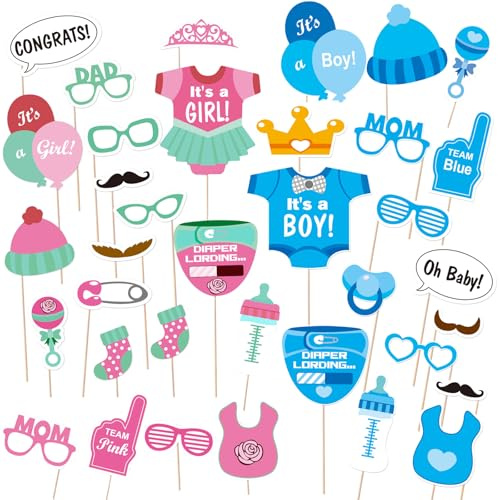 FOSDICK 50 Piezas Photocall Baby Shower Niña & Niño, Revelacion Genero Bebe Fotomatón, Rosa Azul Baby Shower Atrezzo Photocall, Divertido Accesorios photocall para Decoracion Fiesta de Gender Reveal