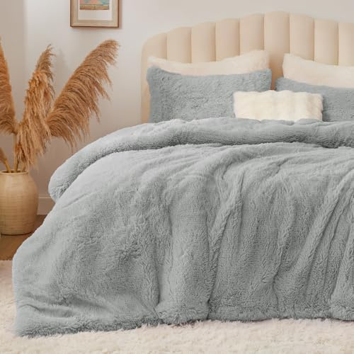 BEDELITE Grey Fluffy Comforter Set Queen Size, Fuzzy Faux Fur Comforter Bedding Set, 3Pieces Soft Warm Shaggy Bed Set (1 Comforter & 2 Pillowcases) as Gifts for Women