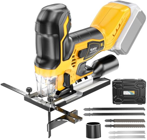 Ecarke Cordless&Brushless Jig Saw Compatible With Dewalt 20V, 3800RPM, 7 Speeds Dial Control, Free-Tool ±45° Bevel Cuts, 4 Orbital Action, Dust Blows and 6 Blades For Cutting (Only Tool)