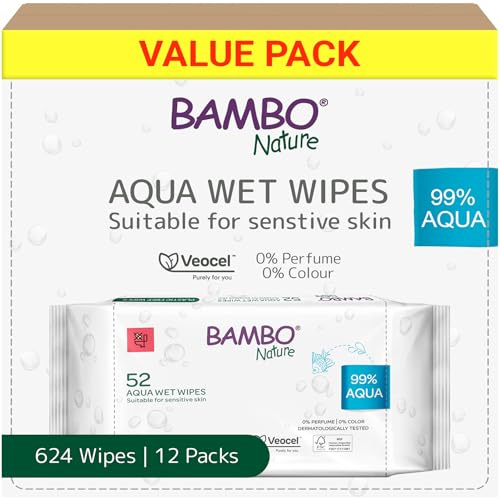 Bambo Nature Aqua Wet Wipes, 12 Packs (624 Wipes), 99% Water, Sensitive Skin Safe, Extra Soft Baby Wipes with 100% Veocel Viscose, Irritation Free for Delicate Skin, Fragrance Free