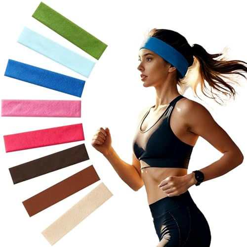 AEMCHDM 8 Pezzi Confezione da Capelli Donna, Moda Fascia Sportiva in Cotone Sottile, Elastici Antiscivolo Fasce per Capelli Donna Assorbente Headband, Capelli Maglieria Traspirante Headband (Colored)