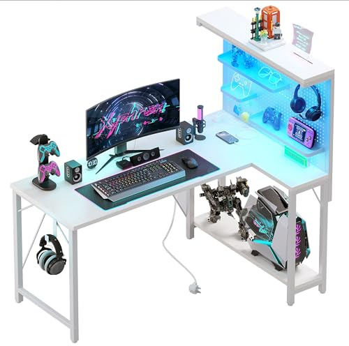 Xyphren L Shaped Gaming Desk with Pegboard Hutch & Shelves, Corner Computer Desk with Power Outlet, Reversible Office Desk with 3 Detachable Trays for Home, Bedroom, 120 * 80cmWhite