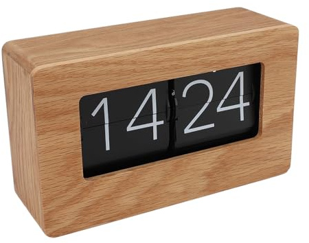 Qcwwy Flip-Uhr Retro mit Holzdesign, Automatische Klappmechanik Digitaluhr, Geräuschlose Tischuhr im 24-Stunden-Format, Minimalistische Vintage Dekouhr für Wohnzimmer, Schlafzimmer, Büro