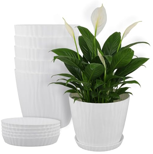TAICHEUT 6 Pack Indoor Plant Pots with Drainage Holes and Saucers, 18cm White Modern Stripe Design Plastic Flower Pots for All House Plants