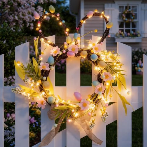 Türkranz Ostern mit LED Licht, 50CM Osterkranz Haustür mit LED Lichterkette Osterdeko Hase Kranz Mit Beleuchtung Türkranz Frühling Beleuchtet Osterkranz Eier Schleifen Ostern Kranz zum Aufhängen (A)