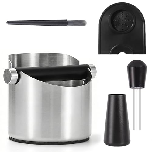 : GaoBangM Coffee Knock Box, Large Stainless Steel Coffee Grounds Bin | Espresso Tamp Non-Slip Coffee Mat Home Barista Kit for Espresso Machines Kitchen Coffee Station Organizer