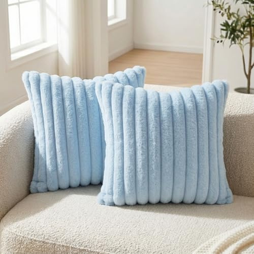 Neelvin 2er Set Dekorative Flauschig Plüsch Kissenbezug Gestreifte Künstlich Pelz Kissenbezüge Kissenhülle Dekokissen Zierkissenbezüge Sofakissen für Couch Sofa Wohnzimmer 40x40cm Blau