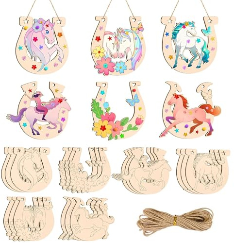 30 Stück Hufeisen Holz zum Bemalen, Blanko Hufeisen Holzscheiben, Kinder Bastelset, Hufeisenscheibe mit Loch und Schnur für Kinder Erwachsene DIY, Pferde Bastelset, Tischdeko, Party Geburtstagsdeko