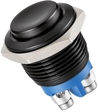 Pulsador Momentáneo de 12 V, impermeable, negro, 16 mm, metal, IP20 a prueba de herrumbre, interruptor de empuje 1 A/220 V, con conexión de tornillo, para bricolaje, coche, barco, sistemas