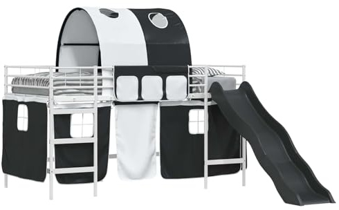 Qnhdfrt Hochbett 80x200 cm Kinderbett aus Metall mit Rutsche und Vorhang, Spielbett für Kinderzimmer, platzsparender Schlafbereich, robuster Stahlrahmen, Weiß und Schwarz