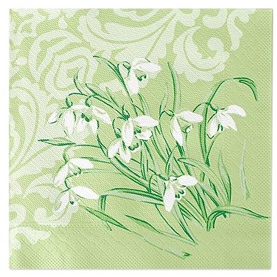 Sovie HORECA Serviette MELANIE aus 4-lagigem Tissue Deluxe, 40 x 40cm, 50 Stück, luxuriöse Einweg-Serviette für Frühling und Party mit Schneeglöckchen Design