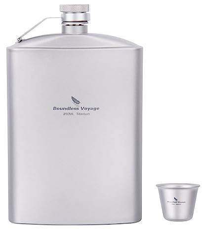 iBasingo 250ml Titan Flachmann mit Klein Becher Outdoor Camping Trinkflasche Alkoholflasche Alkohol Whisky Wein Bottle Becher Set Abnehmbarer Weintopf mit Trinkbecher für Reisen Picknick Ti3064D
