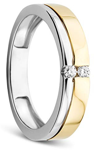 OROVI Damen Ring Bicolor Gelbgold und Weißgold 0.06 Ct Diamant Verlobunsring Ehering Trauring 14 Karat (585) Gold und Diamanten Brillanten