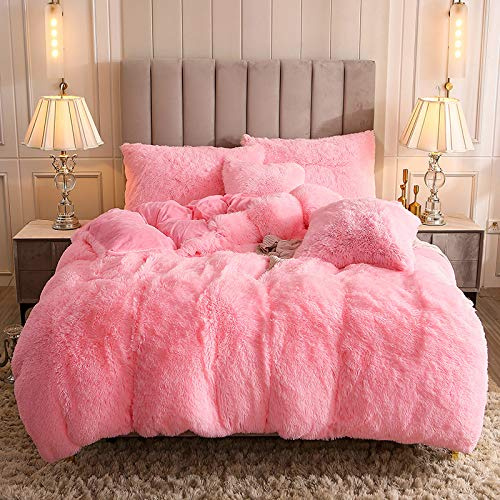 Uhamho Faux Fur Velvet Fluffy Bedding Duvet Cover Set Down Comforter Quilt Cover with Pillow Shams, Ultra Soft Warm (Pink, Queen)