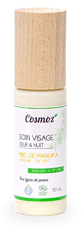Cosmoz – Crema viso giorno e notte al miele di Manuka Bio – Trattamento idratante naturale per la prevenzione e la riduzione dell'acne, unifica il tinto, contro le rughe, occhiaie, tasche, 50 ml