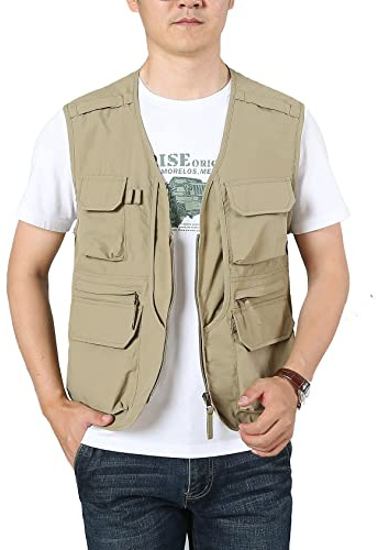 Flygo Men's Utility Cargo Vest Outdoor Summer Work Photo Fishing Safari Travel Vest with Pockets(01Khaki-M)