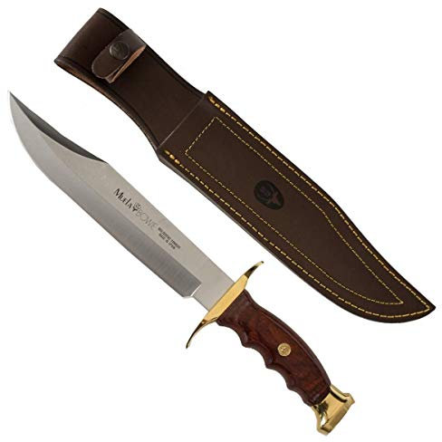 Muela Cuchillo de caza BW-22 con hoja de acero inoxidable MoVa de 22 cm y empuñadura de madera de coral para Caza, Pesca, Supervivencia y Bushcraft + Portabotellas de regalo