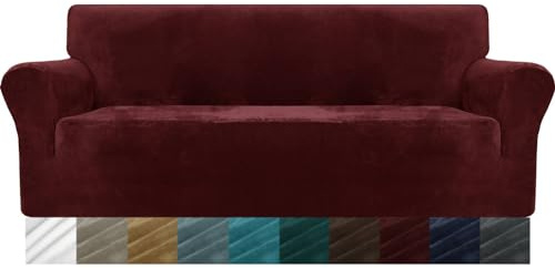 MAXIJIN Thick Velvet Sofabezüge 3-Sitzer Super Stretch rutschfeste Couchbezug für Hunde Katze Haustierfreundlich 1-teilige elastische Möbel Protector Plüsch Sofa Schonbezüge (3 Sitzer, Weinrot)