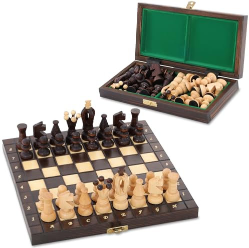 Schach Schachspiel Set klappbares Schachbrett mit Schachfiguren aus Holz 25 cm - Chess Board Spiel für Kinder und Erwachsene Reiseschach hochwertig und edel Braun