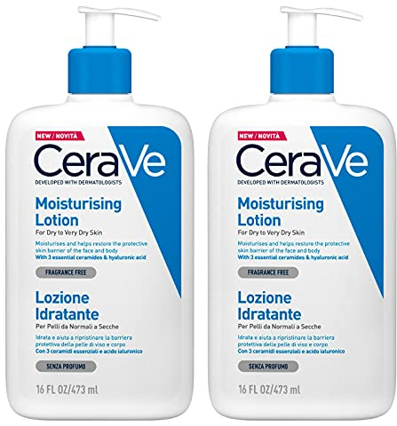 Cerave Feuchtigkeitslotion für Gesicht und Körper für normale und trockene Haut mit 3 essentiellen Ceramiden und Hyaluronsäure - 2 Flaschen mit je 473 ml