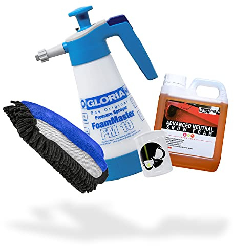 detailmate Auto Vorwäsche Set: ValetPRO Advance Neutral Snow Foam 1 Liter + Gloria Foam Master FM10 Schaumsprüher 1 Liter + 3in1 Chenille Waschhandschuh + Griffin Messbecher 150 ml skaliert
