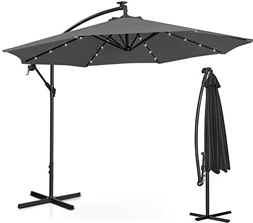 BAKAJI Ombrellone da Giardino Terrazzo con Luce 32 LED e Pannello Solare Dimensioni 3x3 Mt Richiudibile Palo Laterale Decentrato Acciaio Base Croce in Tessuto Anti UV (Grigio)