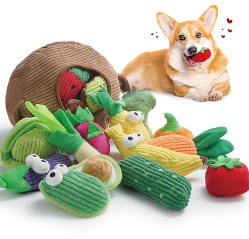 Nocciola Squeaky Fruits Veggies Stuffed Dog Toys Pack- Hide Seek Grocery Basket Crinkle Plush Puppy Toys to Keep Busy, Birthday Pet Supplies Gifts for Small Medium Breeds