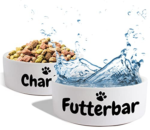 Keramik Doppelnapf mit Name oder Wunschtext für Hunde & Katzen - personalisiertes Napf-Set mit/ohne Ständer| Hundenapf Futternapf Fressnapf | große kleine Vierbeiner Futterstation (2X 500ml)