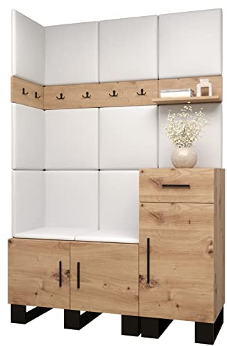 MEBLE KRYSPOL Garderobe Artin Set 10 mit gepolsterten Paneelen Industriell Design (Artisan Eiche + weißes Öko-Leder)