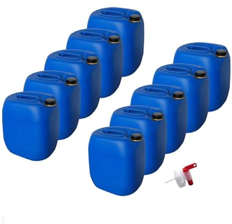 kanister-vertrieb® 10 Stück 30 L Kanister Wasserkanister Kunststoffkanister blau DIN61 + Hahn + Etiketten