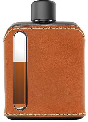 Ragproper Modern Glass Hip Flask - Durable Leather Covered Flask for Whiskey, Spirits, & Other Liquor - Ideal Glass Flask for Men & Women (Single Shot 100ml, Leather, Black & Tan)