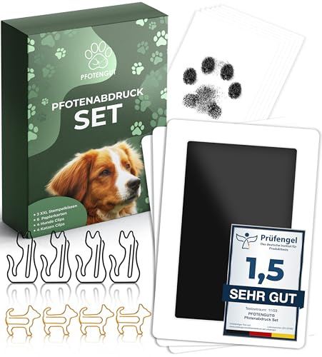 PFOTENGUT® XXL Pfotenabdruck Set inkl. 3 Stempelkissen und 6 Druckkarten - Hochwertiges Pfotenabdruck Set für Hund & Katze - Hundepfoten Abdruck als Geschenk und Erinnerung