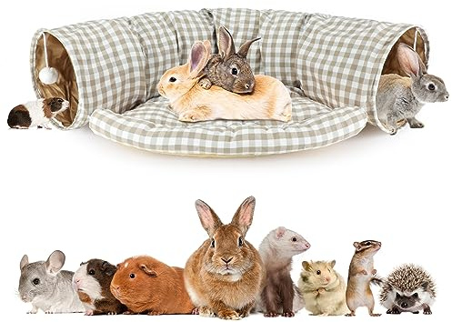 BWOGUE Bunny Tunnel Bed, 2-in-1 Collapsible Tunnel Tubes Toys with Removable Mat Hideout for Cats Kittens Rabbits Guinea Pigs Kitty
