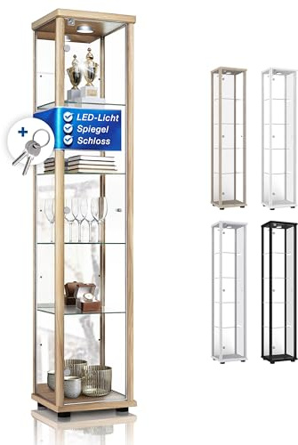 K-Möbel Vetrina in vetro in faggio (176x37x33cm) con 4 ripiani in vetro regolabili in altezza, specchio, serratura, LED - modellini di auto - Vetrina da esposizione in faggio