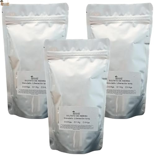BricoLoco.com Hierro para plantas ¡PACK 3 KGS.(3x1kg.)!! Sulfato hierro granulado reverdeciente para plantas, árboles cítricos, frutales, limonero. Abono hierro contra clorosis férrica. (1 kg., 3)