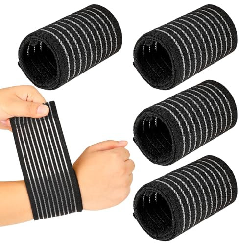 4Pcs Elastic Wrist Band Wrap Breathable Polyester Compression Brace Wristband Gym Wrist Straps Support Black Adjustable Wrist Hand Brace Wraps for Working Out Fitness Tennis Gym Sport Men Women