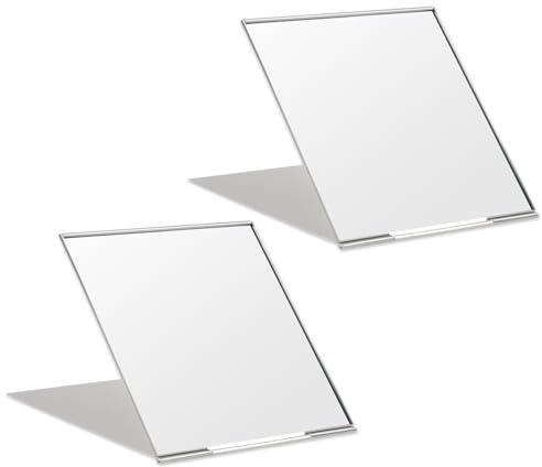 OSDUE 2 Pcs Ultra Slim Folding Makeup Mirror, 7 * 6cm Aluminum Shell Compact Mirror with Stand, for Vanity Table, Travel, Camping