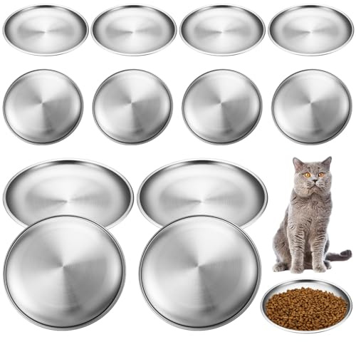 Domensi 12 Stück Edelstahl Schnurrhaare Freundliche Katzennapf Flach Katzenfutter Schüssel 6,7 Zoll Katze Nass Futternäpfe Flach Katzenschale Kleine Haustierplatte für Kätzchen Katze Frettchen