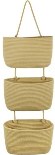 Kalakriti Over The Door Hanging Basket, 3-Tier Woven Cotton Wall-Mounted Storage Organizer Bag Decorative Kitchen Baskets, Small Planter (Beige)
