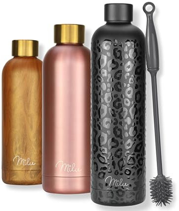 Milu Thermosflasche 1L Isolierte Edelstahl Thermo Trinkflasche Thermoskanne Auslaufsichere Isolierflasche doppelwandig - Kohlensäure geeignet – inkl. Reinigungsbürste (Black-Leopard, 1000ml)