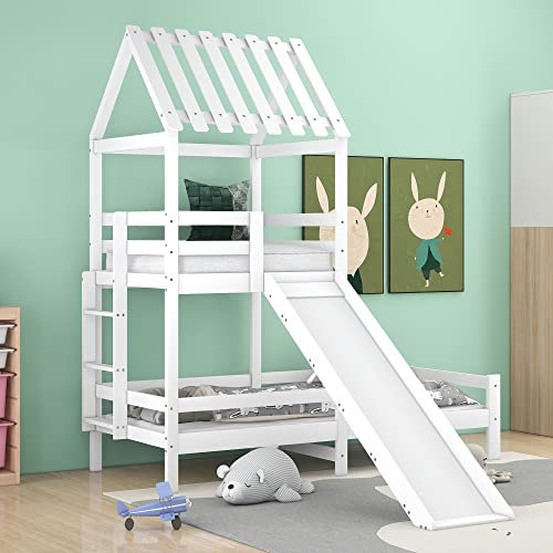 Ctastay Kinderbett Hochbett 200x90 & 100x90 cm mit Rausfallschutz, Bett Hausbett Holzbett mit Rutsche & Leiter, Holzbett Jugendbett Familienbett mit Lattenrost, Weiß (Ohne Matratze)