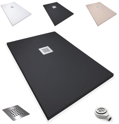 Platos de Ducha Antideslizantes de Resina, Antibacterianos, Resistentes al Calor y Rayados, Nula Absorción de Agua, Blanco, Negro y Beige (Negro, 70 x 90)