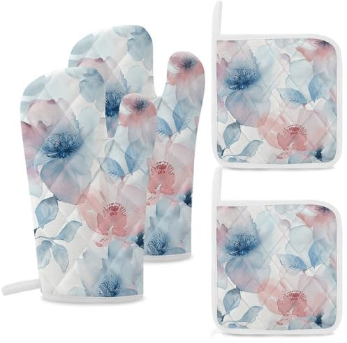 Lot de 4 gants de cuisine et maniques résistants à la chaleur antidérapants - Rouge et bleu - Maniques lavables pour la cuisine, la pâtisserie, le barbecue