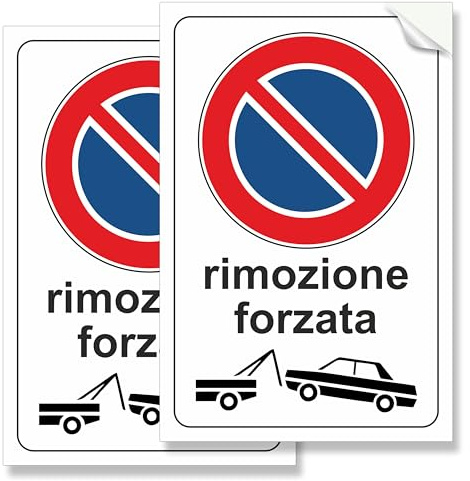 Pubblimania 2 Adesivi RIMOZIONE FORZATA DIVIETO DI SOSTA, Etichette Adesive morbide, impermeabili e lavabili (cm 20x30)